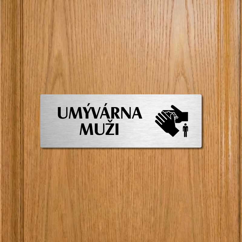 Umývárna muži, 200x66mm, stříbrná popiska s ozdobou uprostřed